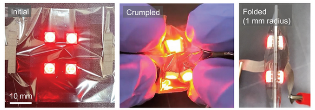 Metal oxide thin film with embedded LEDs being crumpled and folded