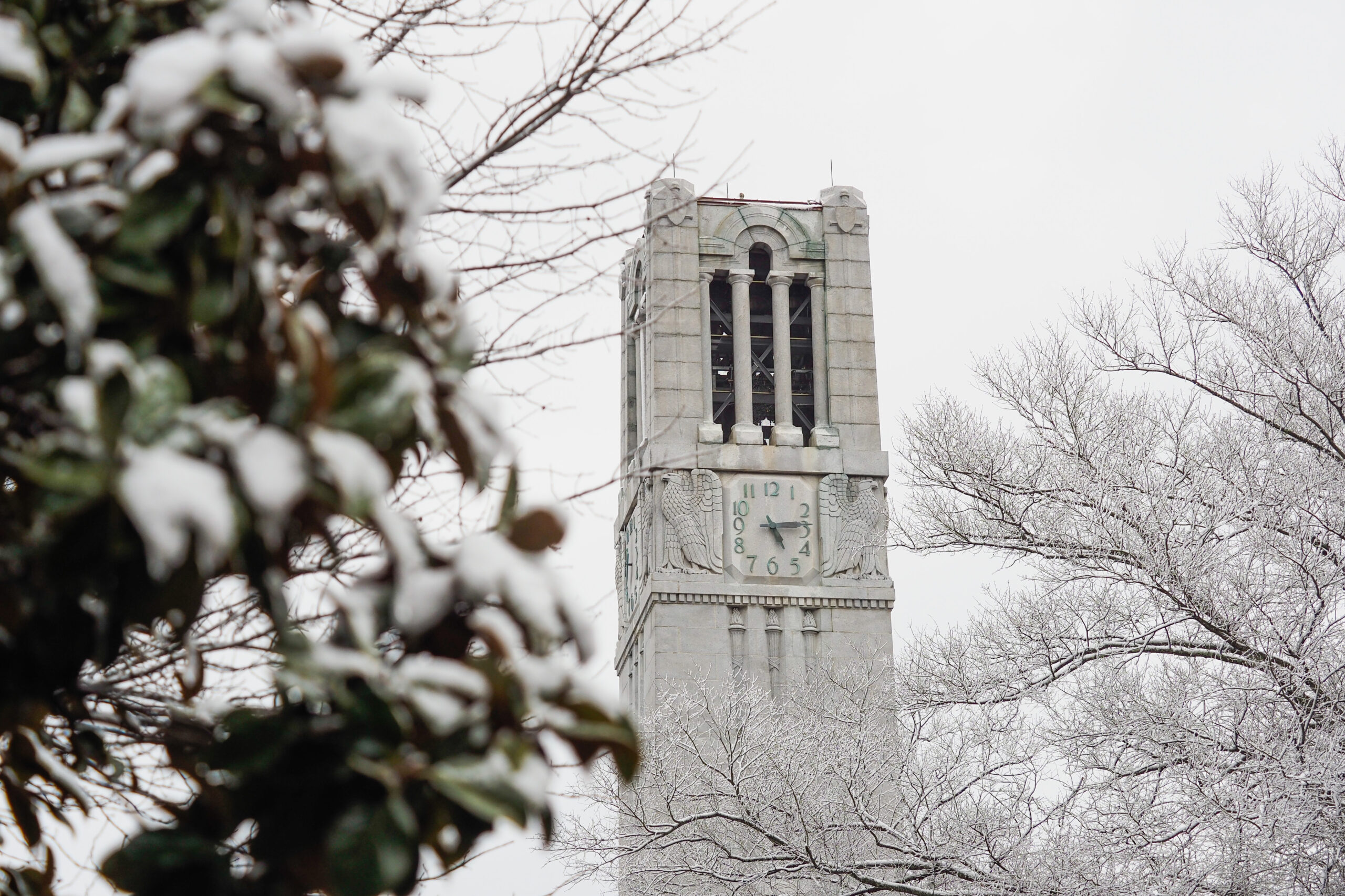 NCSU belltower covered in snow