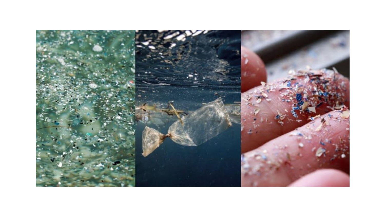 Panel with 3 photos: From left: 1. Microplastic pollution on the surface of water. 2. Discarded plastic bag drifting below the water surface. 3. Microplastic shards on a person's hand.