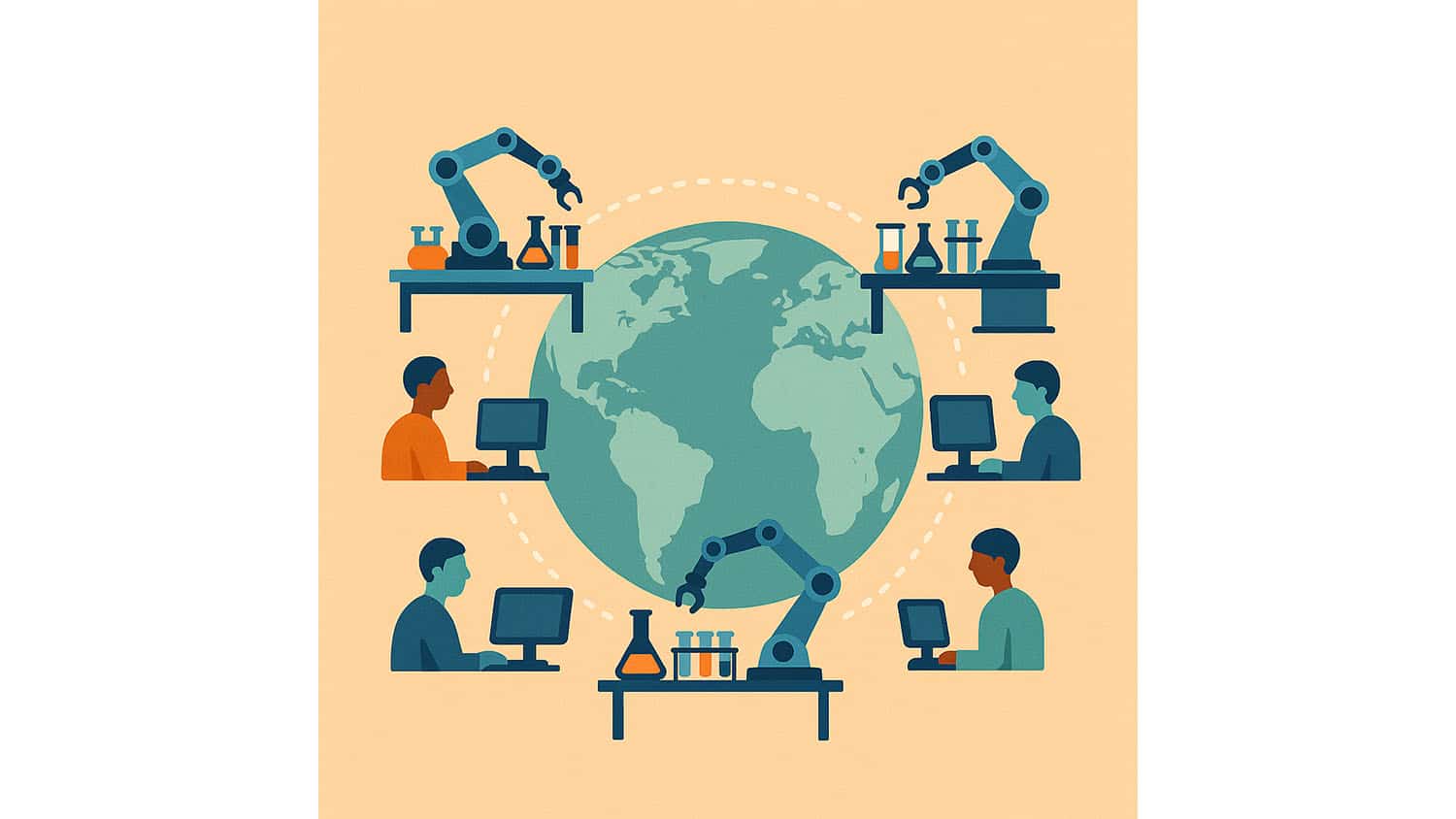 a graphic showing three robots conducting chemistry experiments with humans look at computer screens. Credit: Milad Abolhasani