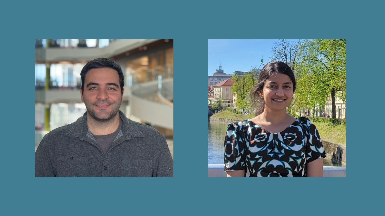 two headshots: one mane wearing a gray long sleeve smiling inside of a building and a woman wearing a patterned shirt with a ponytail smiling outside