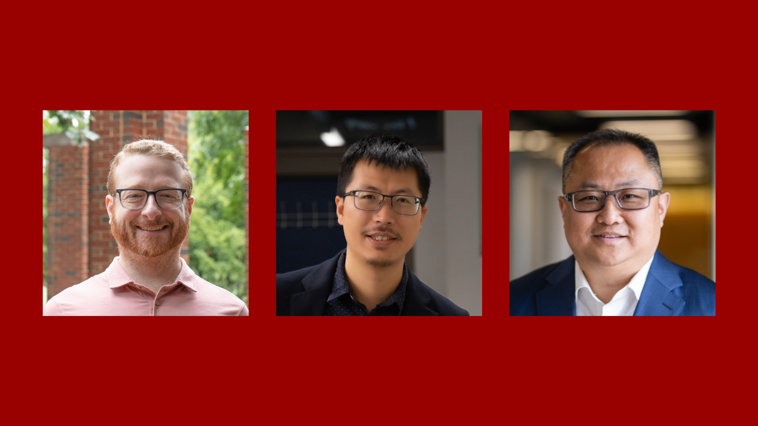 three headshots of three men all wearing business formal clothing and glasses against a red background